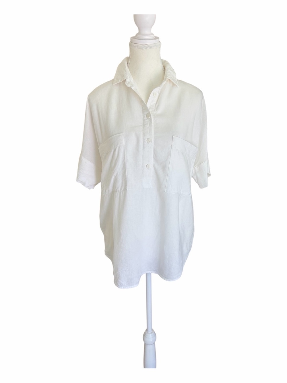 Ruti White Linen Blend Double Breast Pocket Collared Half Button Blouse